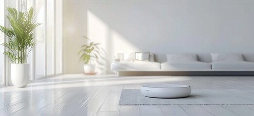 Immerse yourself in the future of smart living with a wide banner mockup featuring a futuristic generic smart home IoT assistant device. Set against a modern, bright room background