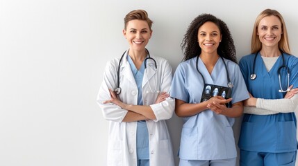 Fototapeta premium Three female healthcare professionals, including a Caucasian doctor, a Black nurse, and another Caucasian nurse, smiling in a hospital setting.