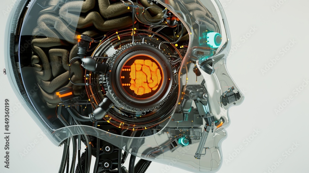 Leinwandbilder a 3d rendering of a transparent robot head revealing a detailed, digital brain engine. the head is i