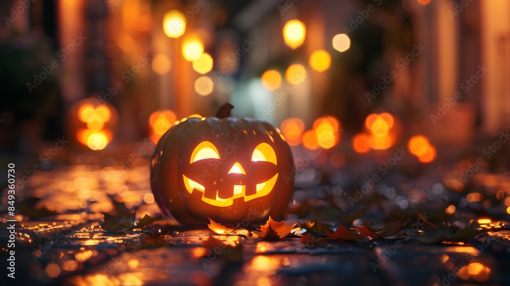 Wall mural A row of pumpkins are on a sidewalk in front of a building. The pumpkins are lit up and have a happy face. The scene is set in a city at night, with lights and decorations