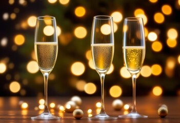 Champagne glasses filled with sparkling wine on a festive background with bokeh lights