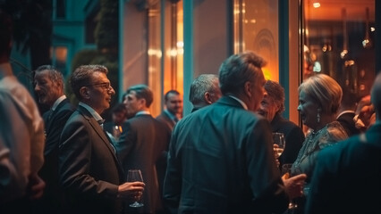 Fototapeta premium A group of people are standing outside a building, some of them are drinking wine, scene is social and relaxed