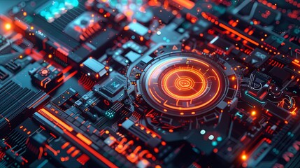 A futuristic, abstract depiction of cybersecurity elements, including digital locks, shields, and network nodes, protected by AI algorithms. Generative AI