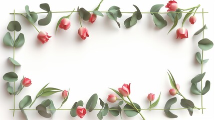 A rectangular frame with tulips and eucalyptus, space for text, 3D illustration,  isolated on white 