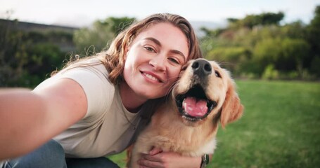 Happy woman, kiss dog and selfie outdoor for care, love and friends bonding together in nature. Animal, girl and portrait of pet owner with golden retriever at park for relax, hug and photography