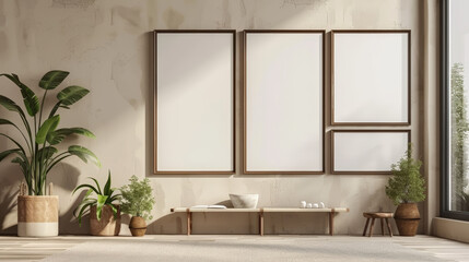 A modern living room with a blank picture frame on the wall, stylish furniture, and natural light, showcasing minimalist decor.
