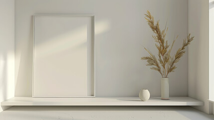 A modern living room with a blank picture frame on the wall, stylish furniture, and natural light, showcasing minimalist decor.
