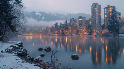 Fototapeta premium Cold winter evening with city lights reflecting in a calm river, surrounded by snow-covered buildings, Generative AI