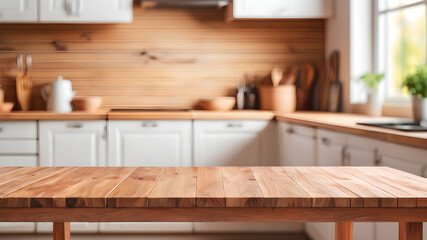 Wooden table on blurred kitchen bench background. Empty wooden table and blurred kitchen background