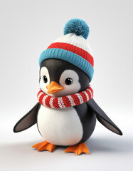 Fototapeta premium A 3D cartoon penguin with a small hat and scarf on a white background.