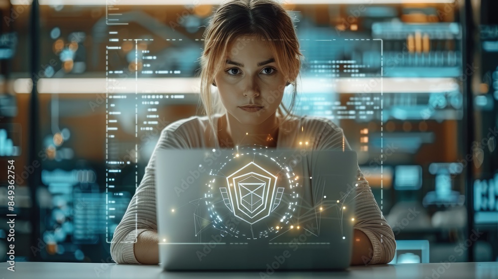 Poster a woman working with a laptop, surrounded by a security shield symbolizing protection. neutral-color