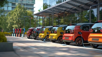 Sustainable Urban Mobility - Electric Cars Charging at Station in Modern City Environment