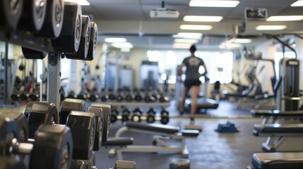 Determined individual working out with weights and machines in a gym to stay fit and healthy