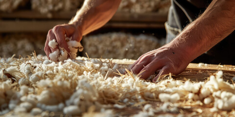 Closeup male hands working with freshly harvested cotton wool