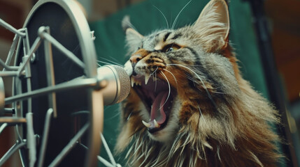 Majestic Maine Coon cat singing into a microphone