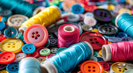 Multicolored buttons and spools of thread in assorted colors. Close-up background.