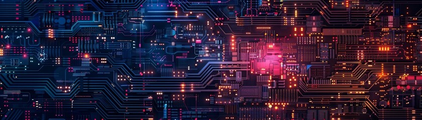 Fototapeta premium Abstract digital technology background with glowing circuit board patterns and colored lights, representing modern tech and data concepts.