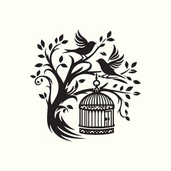Tree Branch with Bird Cage and bird silhouette vector illustration. logo design