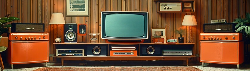70s retro home interior. A living room with wood paneled walls, a vintage television, stereo system, and other retro details.