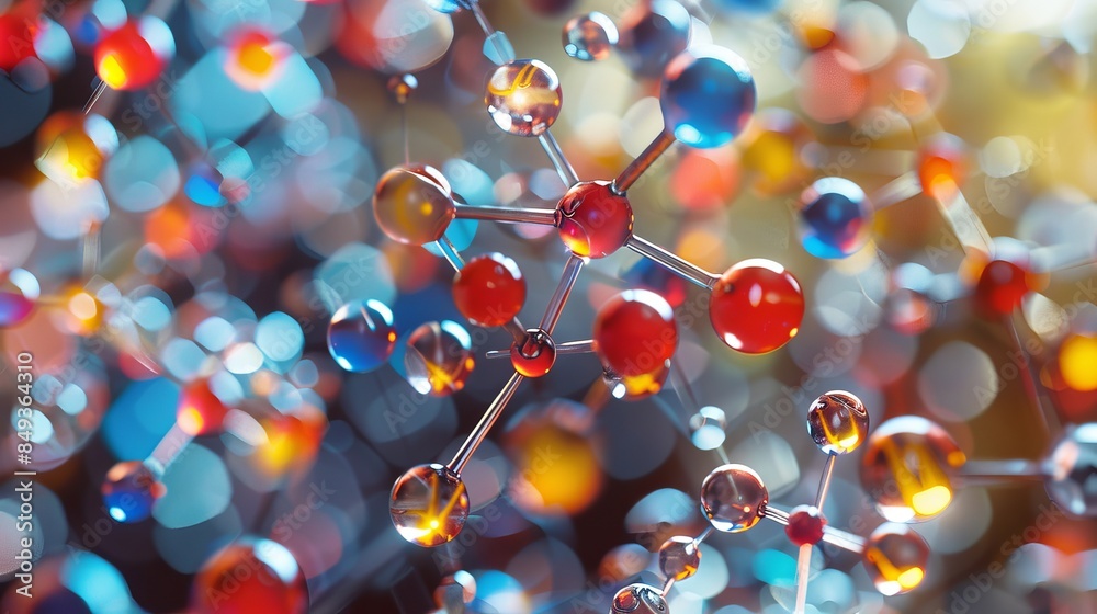 Wall mural abstract illustration of colorful molecular structure with shiny spheres and connecting bonds. depth