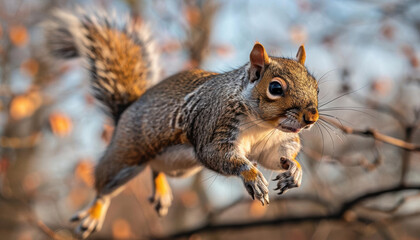 Obraz premium Energetic squirrels leaping between branches, playful and spirited, sunny spring morning, spring for the first time