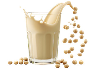 Refreshing soy milk splashing into a glass with soybeans around. Perfect for health, vegan, and dairy-free beverage concepts.