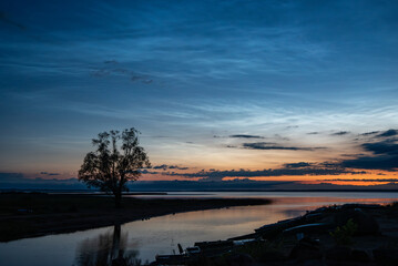 silver clouds with a lone tree in the reflection of the lake on a summer night