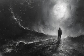 Obraz premium An artistic black and white painting capturing a solitary figure overlooking the turbulent sea under a swirling, textured sky