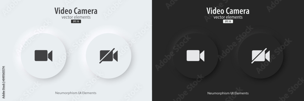 Aufkleber Camera icon. A set of black and white buttons with a on and off camera symbols. 3D icon in trendy neumorphic style for apps, websites, and interfaces. UI UX elements. Vector illustration.