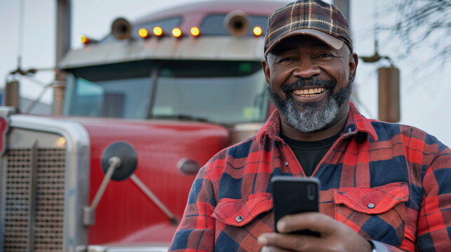 Happy african american trucker talking on a cell phone in front of his red truck