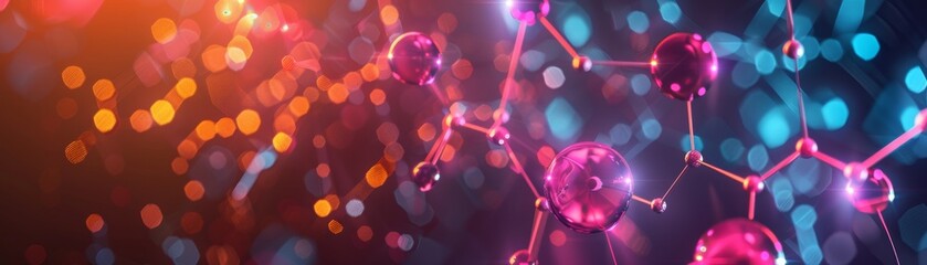 Abstract representation of molecules and chemical bonds with vibrant colors and bokeh effect, symbolizing scientific research and innovation.