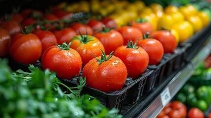 Assortment of fresh fruits and vegetables attractively presented on supermarket shelves