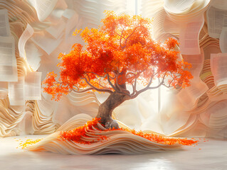 a tree with orange leaves, situated in a room filled with books. surrounded by a multitude of books.