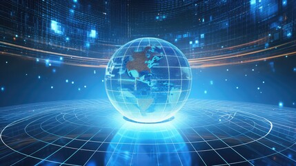 Obraz premium A holographic globe surrounded by floating data points, Hologram, Blue and white, Digital art, clean lines, high-tech