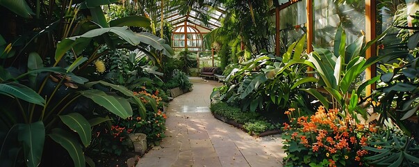 majestic formal botanical garden with themed sections and conservatory featuring a large green leaf