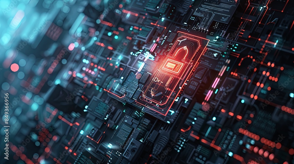 Poster A futuristic, abstract illustration depicting cybersecurity elements like digital locks, shields, and network nodes, protected by AI algorithms. Generative AI
