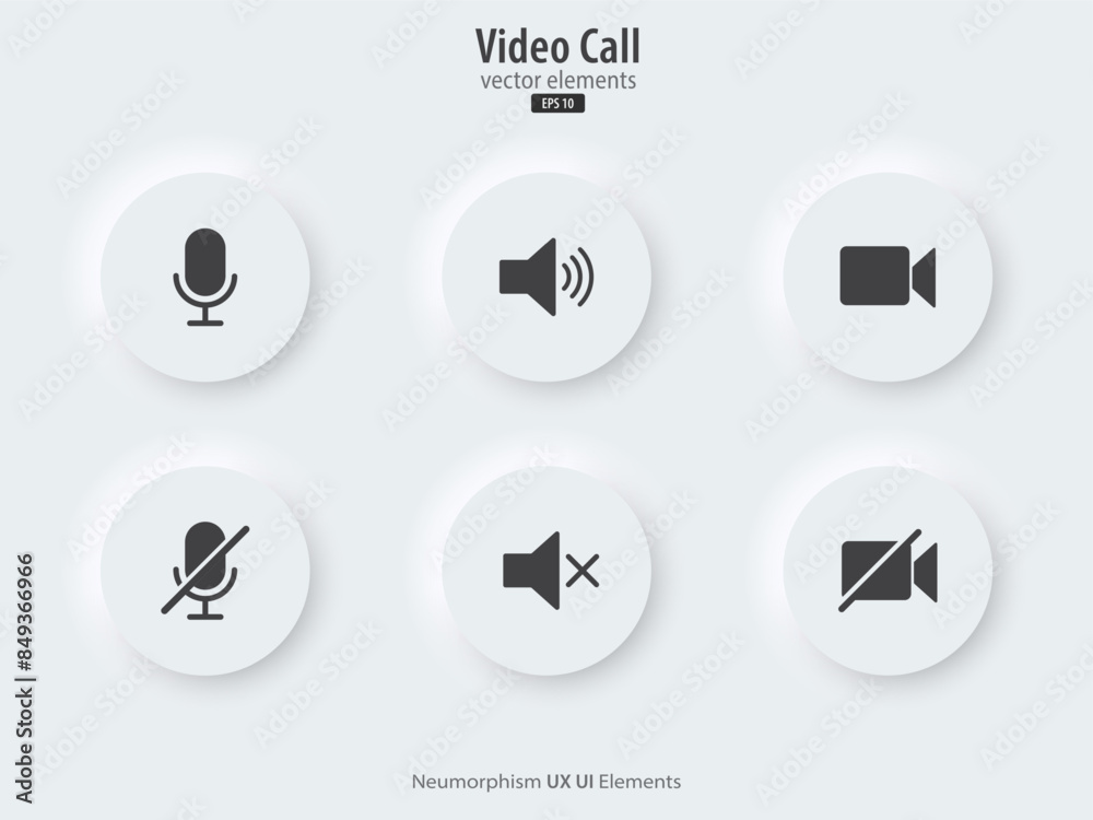 Aufkleber Video call icon. A set of white round buttons with a mic, volume and camera symbols. 3D icon in trendy neumorphic style for apps, websites, and interfaces. UI UX elements. Vector illustration.