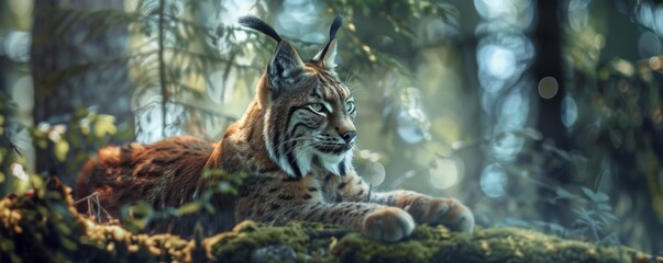 Lynx lynx in a clean green summer wild nature, banner. Generative AI.