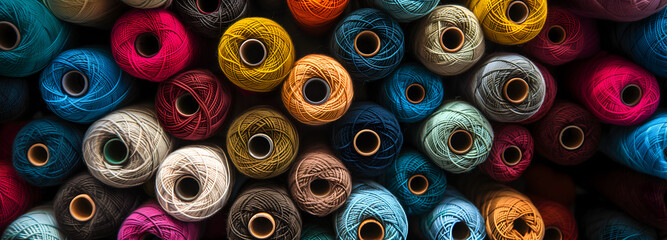 Creative art craft template. Seamless Rows of colourful Bobbin of yarn wool woollen balls roll pile up