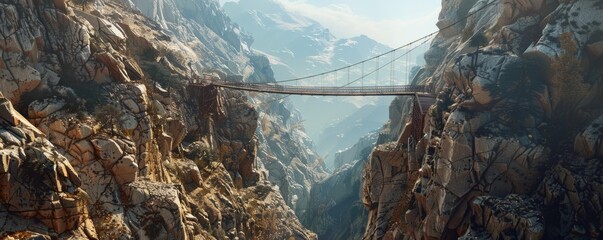 Rugged mountain pass with a narrow suspension bridge spanning a deep gorge, 4K hyperrealistic photo