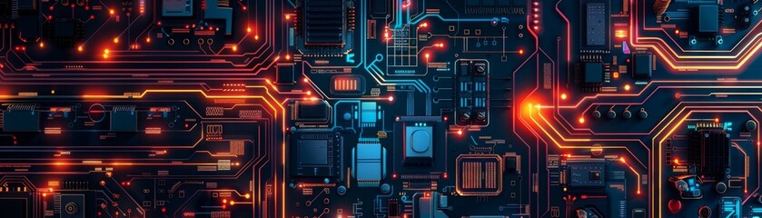 Fototapeta premium Close-up of an illuminated circuit board with vibrant neon lights, showcasing the complexity and beauty of modern technology.