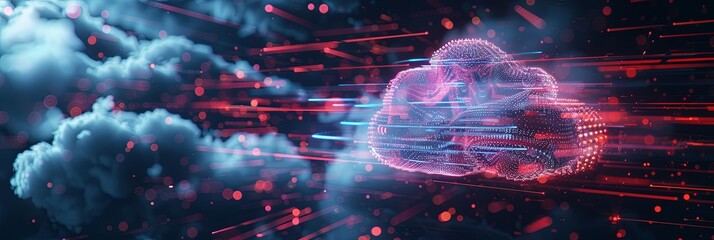 A digital illustration depicting cloud computing with data processing and artificial intelligence operations. Generative AI