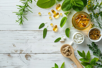 Herbal supplements and capsules with fresh herbs on wooden floor