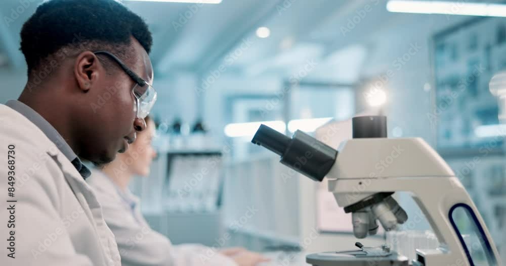 Poster Scientist, black man and microscope or writing in laboratory for results on medical research and experiment. Notebook, professional and expert with notes on science development, study review and info