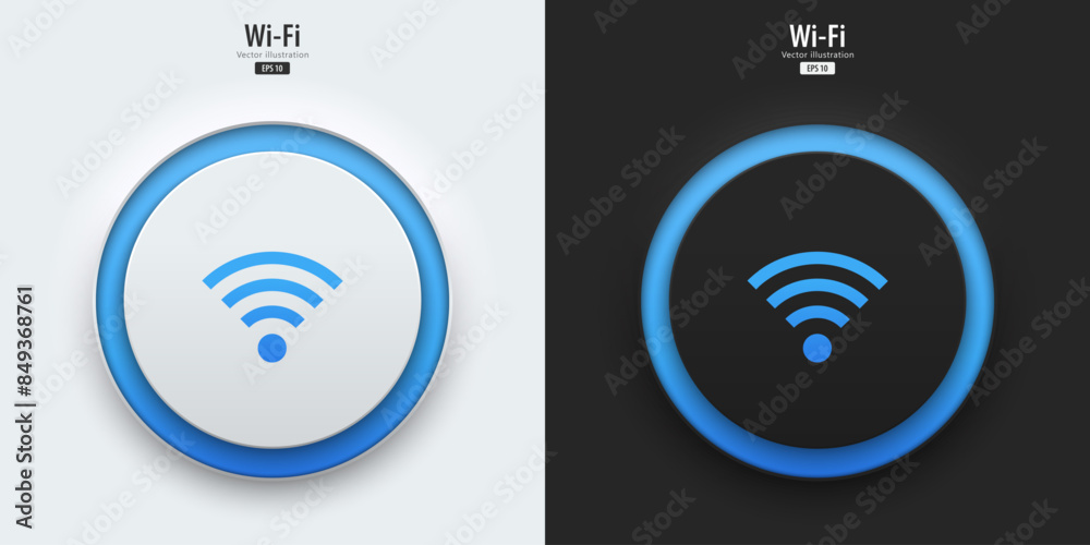 Poster Wireless icon. A set of black and white buttons have blue neon lights with wireless symbols. 3D icon in trendy neumorphic style for apps, websites, interfaces. UI UX elements. Vector illustration.
