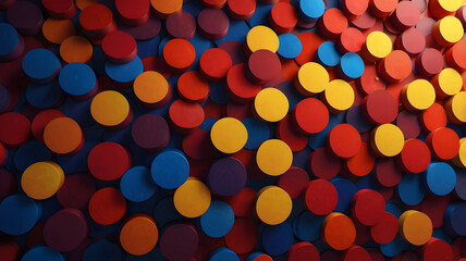 Abstract background features vivid splatters of circles in crimson red, cobalt blue, and neon yellow in a chaotic yet balanced composition