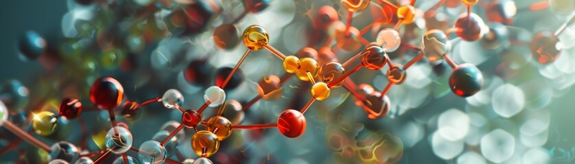 Close-up of colorful molecular structures showcasing an intricate arrangement of atoms and chemical bonds in a vibrant abstract background.