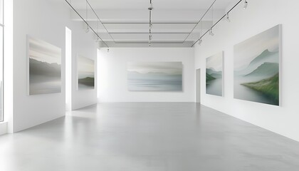A contemporary art gallery with minimalist white walls, featuring a series of serene landscape...