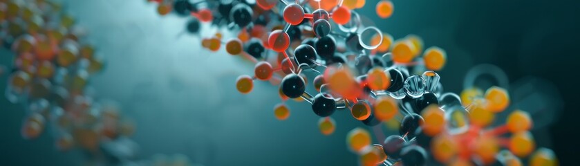 Close-up of colorful molecular structure against a blurred teal background, representing biology, chemistry, and scientific research.