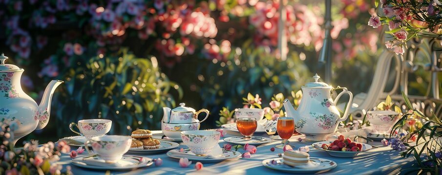 Summer garden tea party with floral decor, elegant settings and tea delights, 4K hyperrealistic photo.